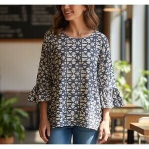 JOHN MARK 100% Linen Blue Gray Bell Sleeve Pop Over Top LARGE Coastal Resortwear